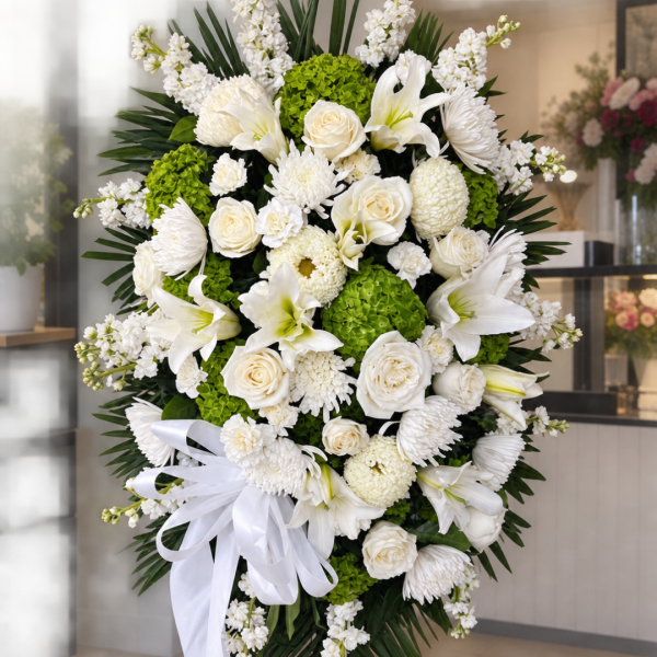 White floral standing spray with roses, lilies, and green hydrangeas