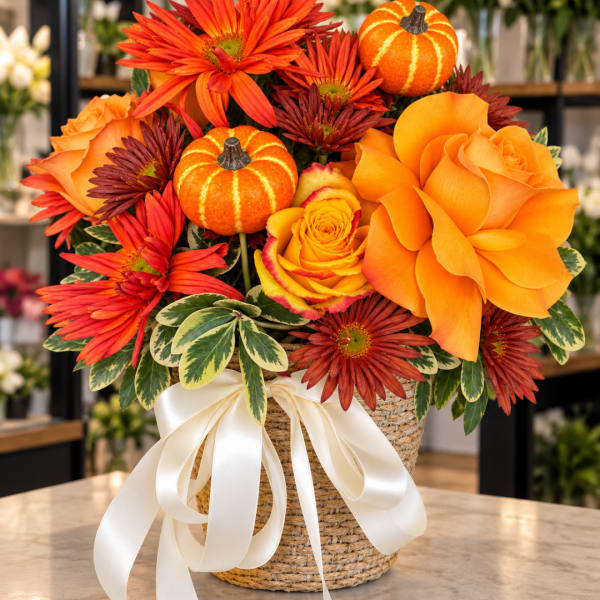 Orange roses and autumn daisies in a woven basket with small pumpkins