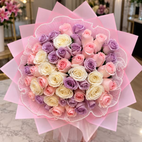 Bouquet of pink, lavender, and cream roses wrapped in pink paper