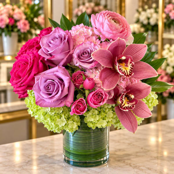 Pink and lavender roses with orchids in a glass vase