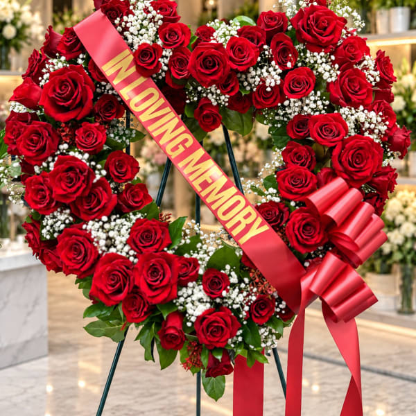 Heart-shaped red rose wreath with a memorial ribbon and bow