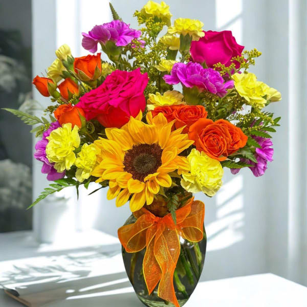 Colorful bouquet with sunflowers, roses, carnations, and a glass vase with orange ribbon