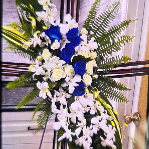 Heaven's Embrace Cross Standing Spray - White & Light Blue