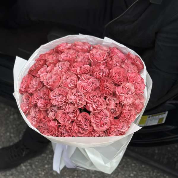 Large bouquet of pink roses wrapped in white paper