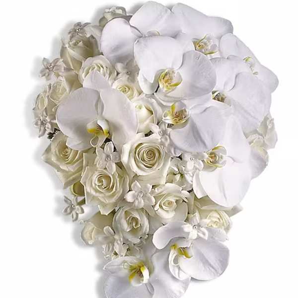 White orchid and rose bouquet with cascading blooms