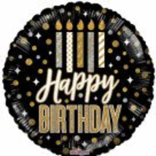 Round black birthday balloon with gold candles and "Happy Birthday" text