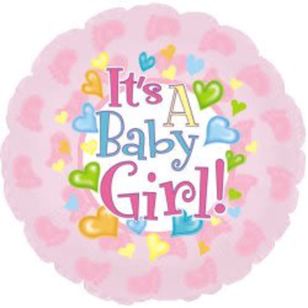 Round pink balloon with "It's A Baby Girl!" text and colorful hearts