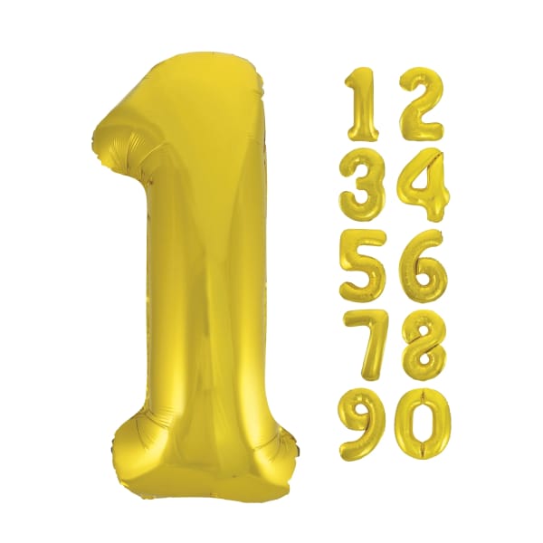 Gold number 1 balloon with smaller gold number balloons beside it