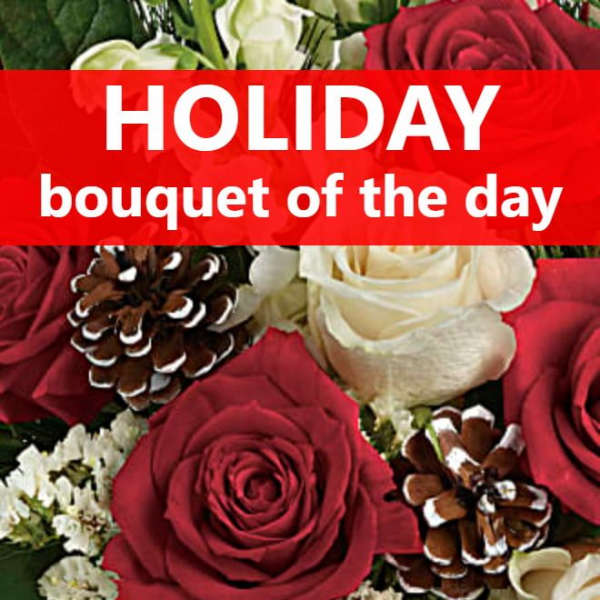 Red and white rose bouquet with pinecones and holiday text