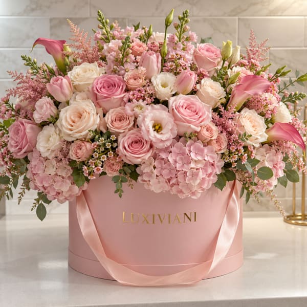 Pink and white floral arrangement in a round pink box with ribbon