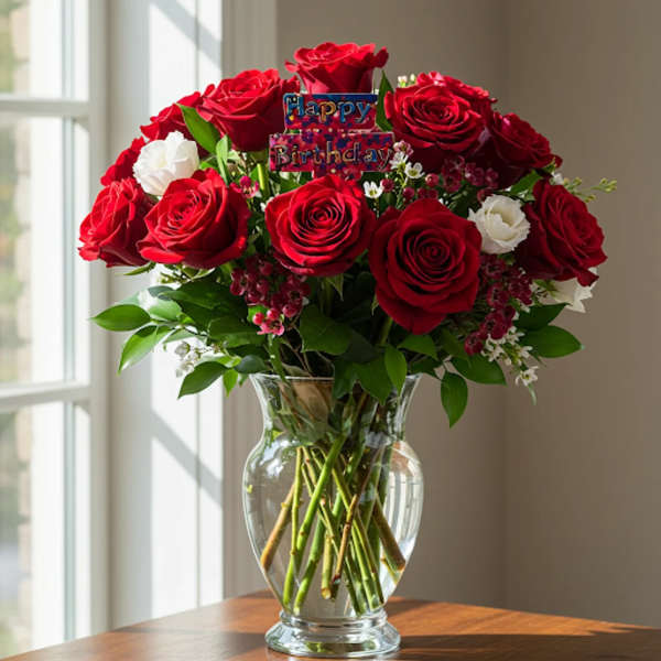 Red and white roses in a clear glass vase with a Happy Birthday sign