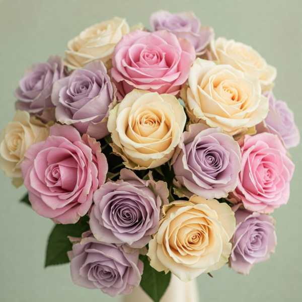 Bouquet of pastel roses in pink, lavender, and cream