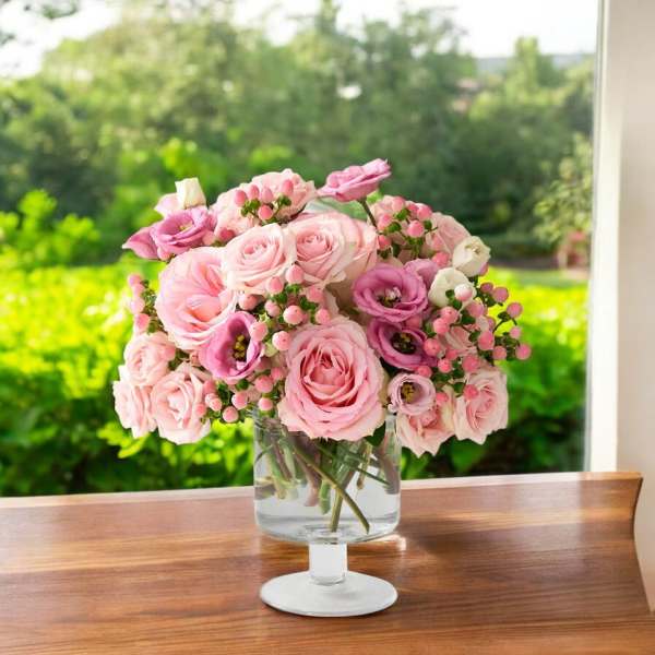 Pink roses and lisianthus arranged in a clear glass vase