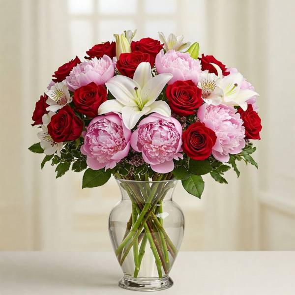 Bouquet of red roses, pink peonies, and white lilies in a clear glass vase