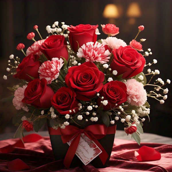 Red roses and pink carnations in a black gift box with a ribbon.