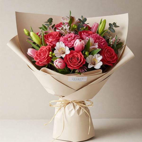Bouquet of pink roses, lilies, and white blossoms wrapped in beige paper