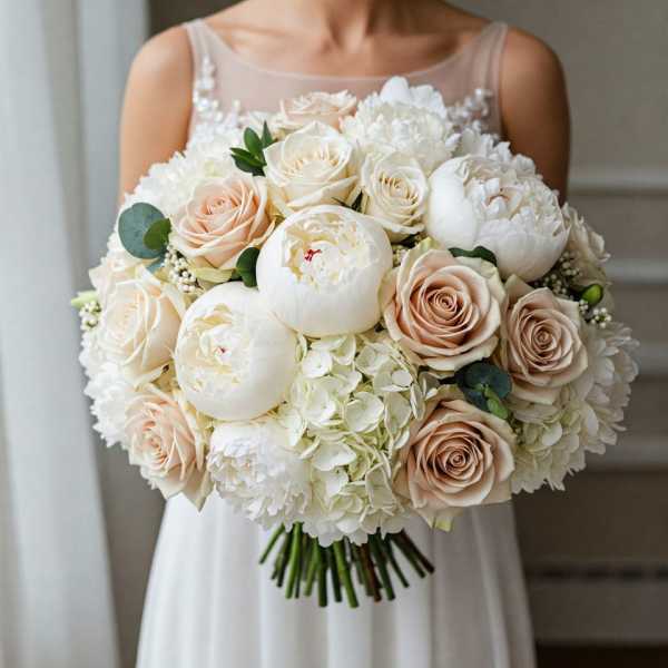 Bride holding a bouquet of white and blush roses and peonies