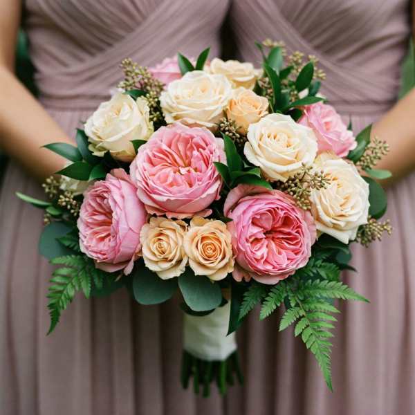Bouquet of pink and cream roses with greenery