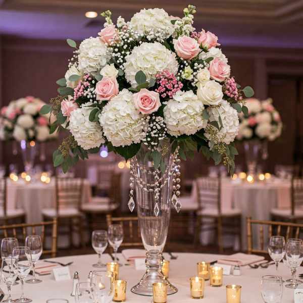 Tall floral centerpiece with white hydrangeas and pink roses in a glass vase