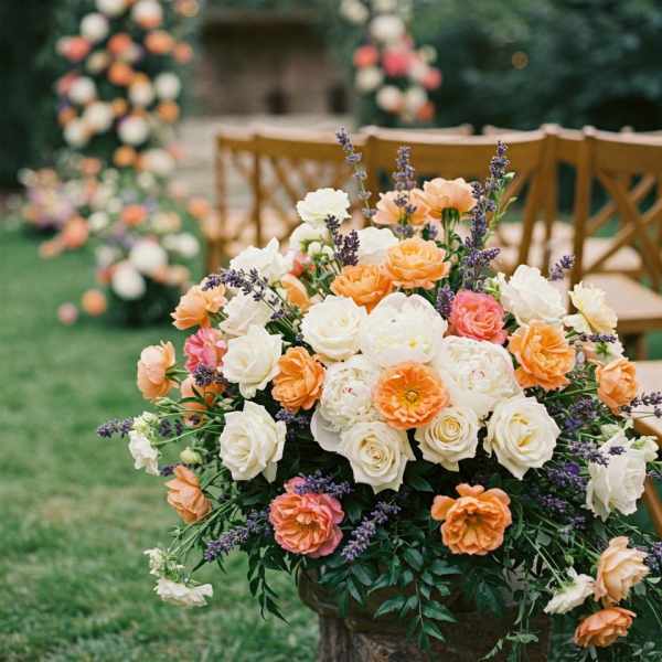 Large floral arrangement with white, peach, and pink roses in a vase