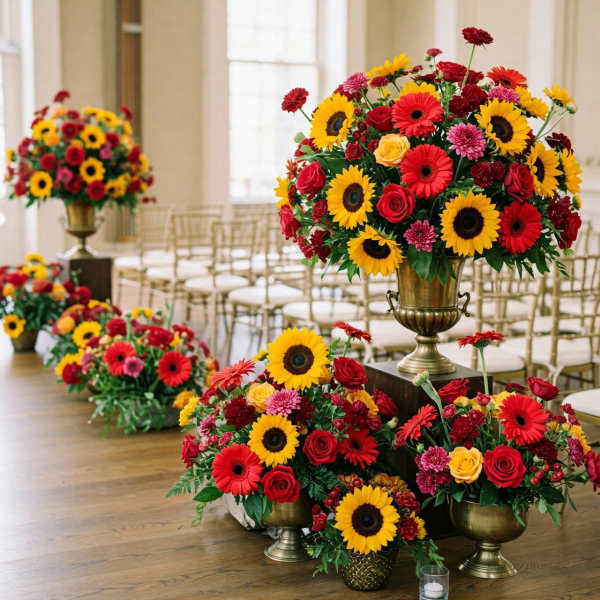 Bright floral arrangements with sunflowers, roses, and gerbera daisies in gold vases