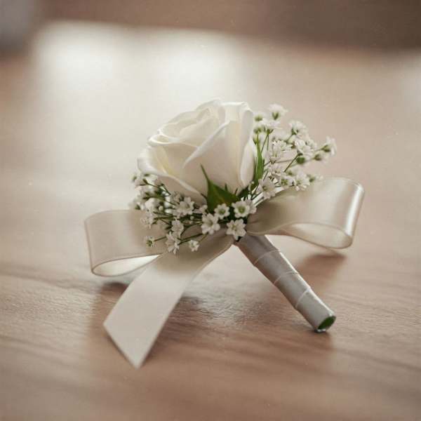 White rose boutonniere with baby's breath and satin ribbon