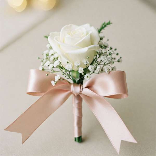 White rose boutonniere with baby's breath and a blush ribbon bow