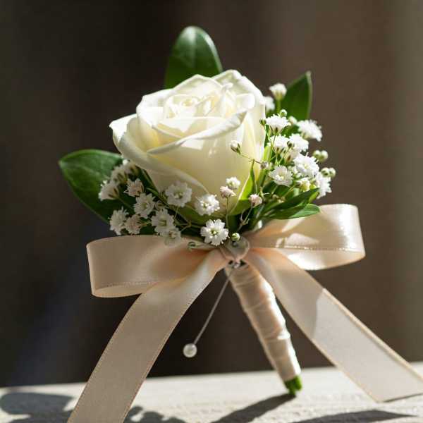 White rose boutonniere with baby's breath and satin ribbon