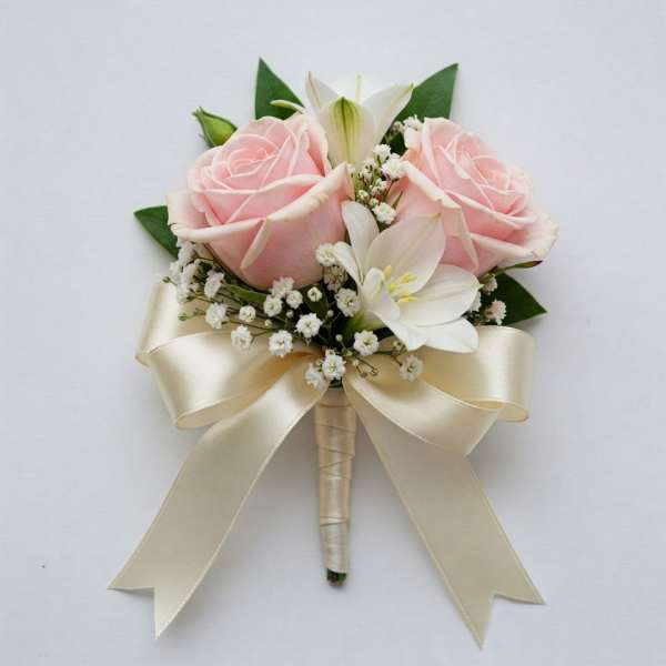 Pink rose and white lily boutonniere with a cream ribbon bow