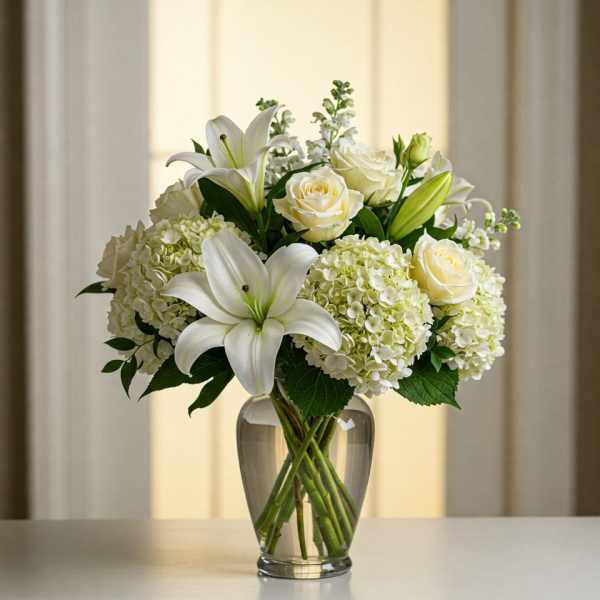 White lilies and roses arranged in a clear glass vase