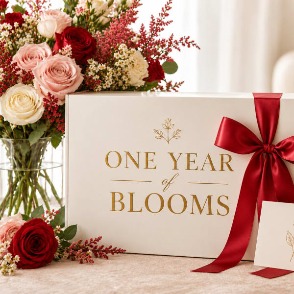 Gift box with a red ribbon beside rose bouquets and a card
