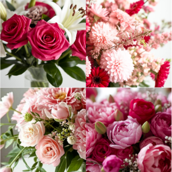 Collage of four pink floral arrangements featuring roses, lilies, dahlias, and other mixed blooms.