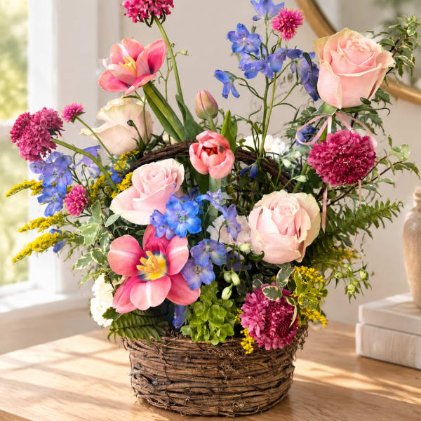 Mixed pink, blue, and yellow flowers arranged in a wicker basket