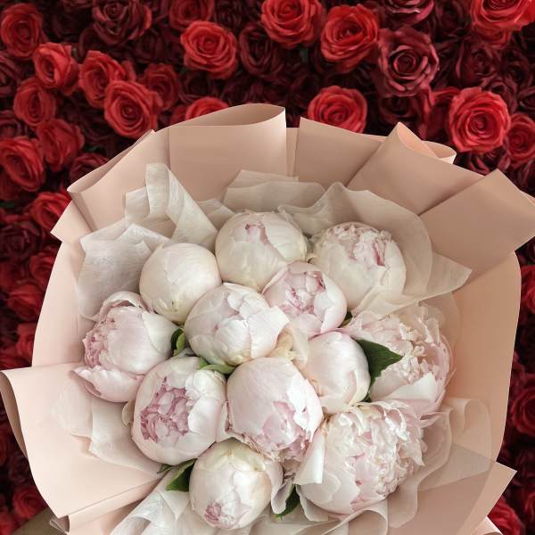 Bouquet of pale pink peonies wrapped in blush paper