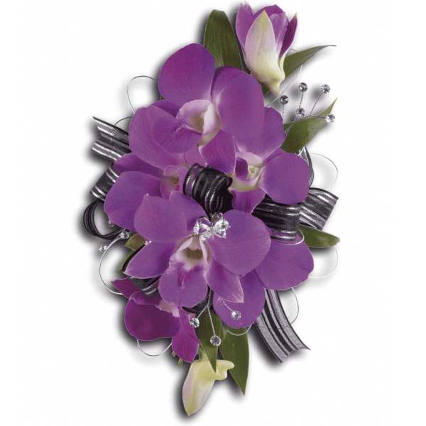 Purple orchid corsage with black-and-silver ribbon and crystal accents
