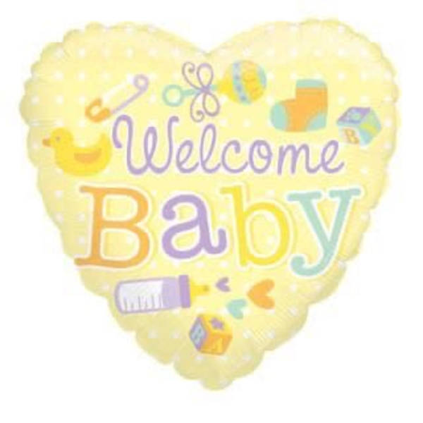 Heart-shaped balloon with "Welcome Baby" text and baby icons