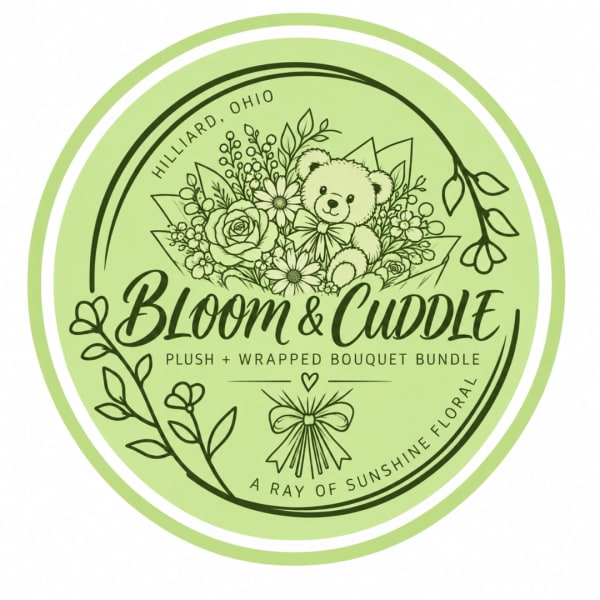 Round green label with a teddy bear and bouquet illustration