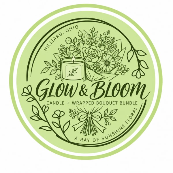 Round green logo for Glow & Bloom candle and bouquet bundle
