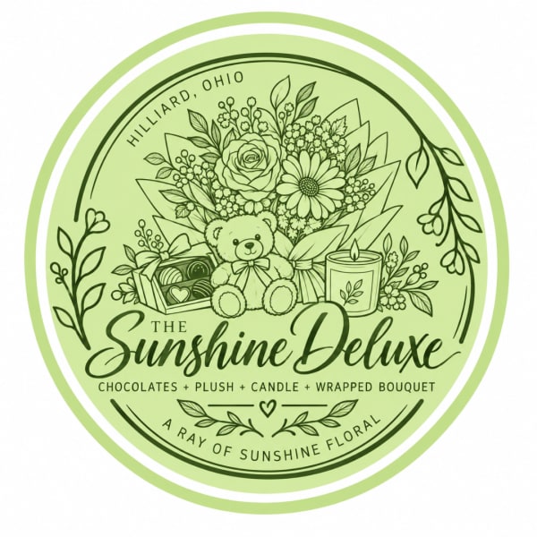 Round floral gift logo with bouquet, teddy bear, chocolates, and candle