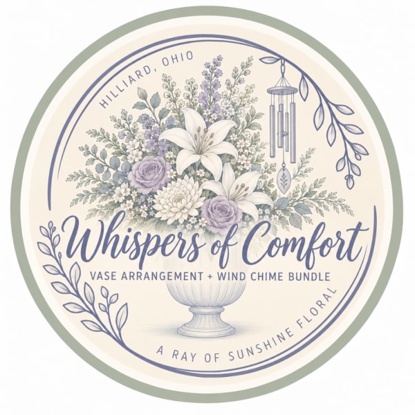 Floral arrangement graphic with lilies and roses in a vase, plus a wind chime