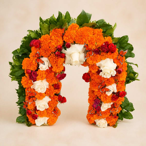 Floral arch covered in orange marigolds, white roses, and red roses