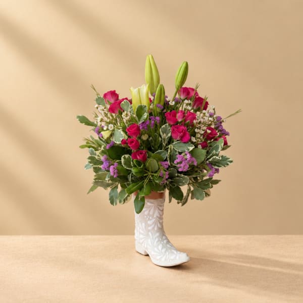Bouquet of pink roses and lilies in a white decorative boot vase