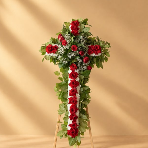 Tall cross-shaped floral arrangement of red roses and white flowers on a stand