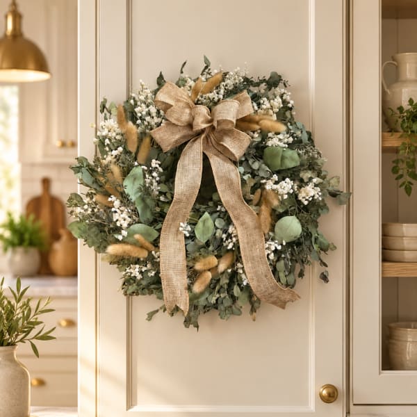 Round wreath with white flowers, greenery, and a burlap bow on a cabinet door