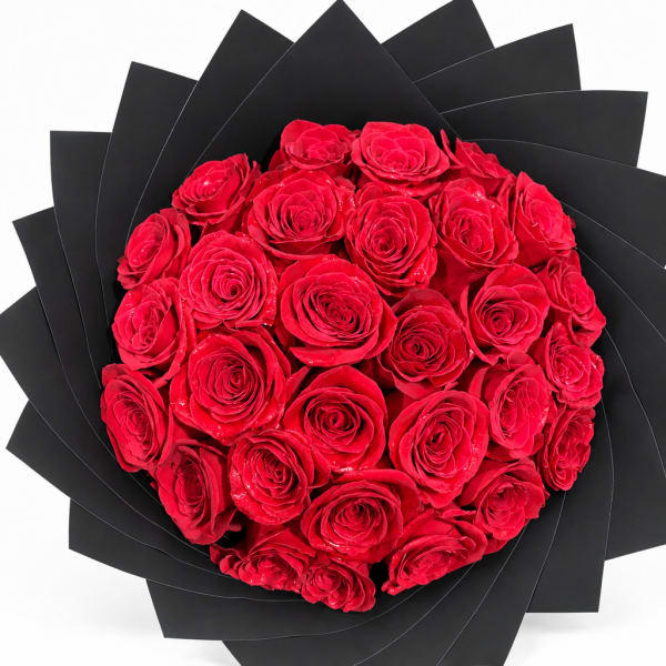 Red rose bouquet wrapped in black paper