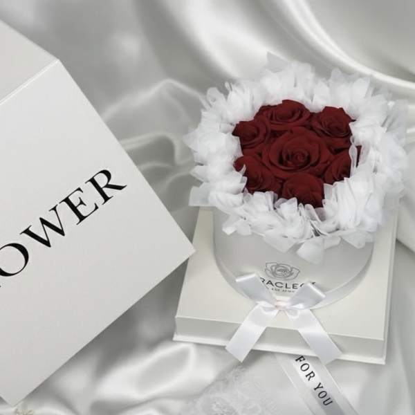 Red roses in a white hatbox with white tissue and ribbon