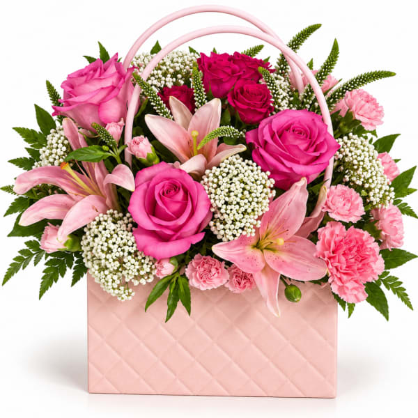 Pink roses and lilies in a pink quilted gift bag