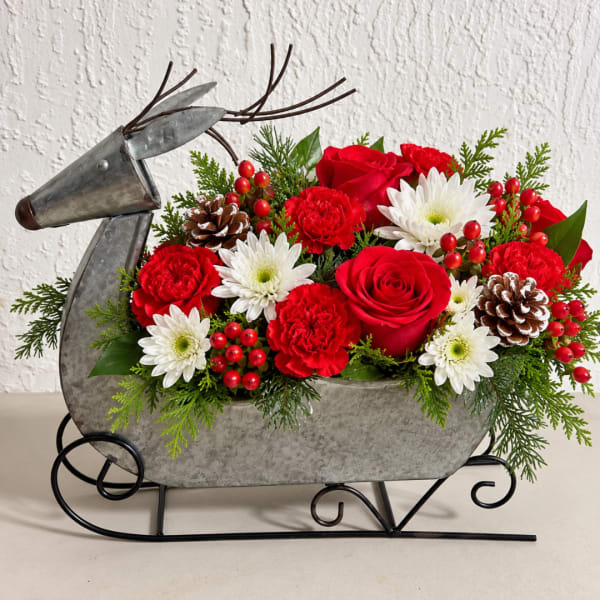Red roses and white daisies in a metal reindeer planter with pinecones