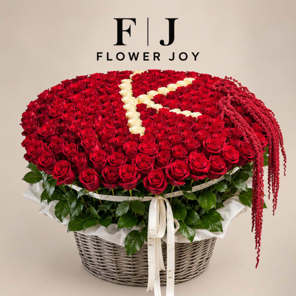Large basket arrangement of red and white roses with a ribbon bow