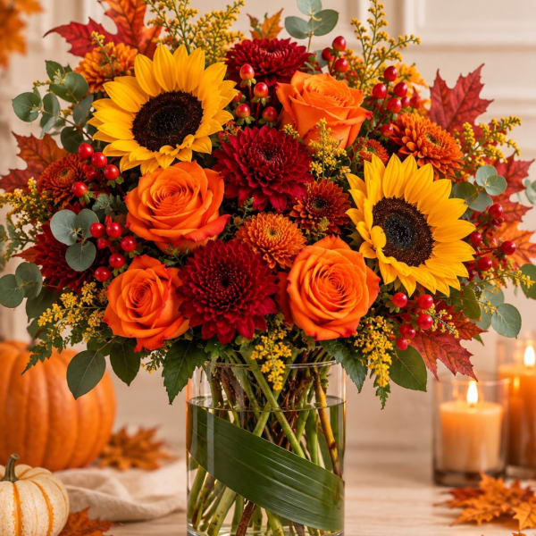 Autumn bouquet with sunflowers, orange roses, and red mums in a glass vase.